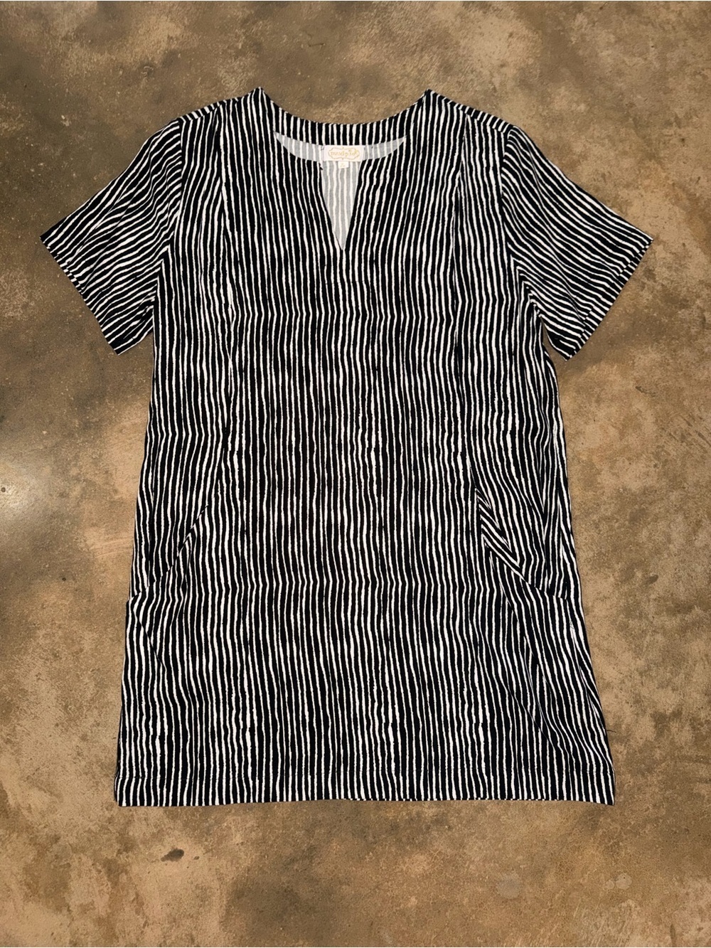 Mud Pie Black White Striped Shift Dress Pockets V Neck Casual Mini Size S